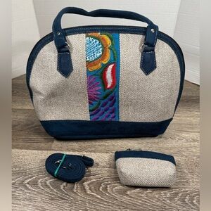 Guatemalan Handmade Purse Satchel Suede‎ & Linen Floral Embroidered Boho Aztec
